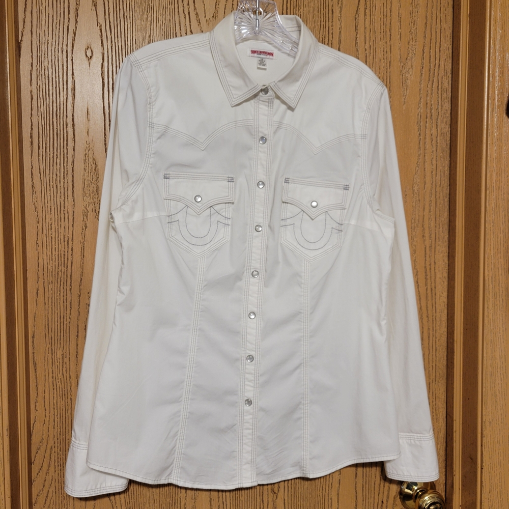 True Religion Women's White Longsleeves  Button-Up Pearl Snap Blouse